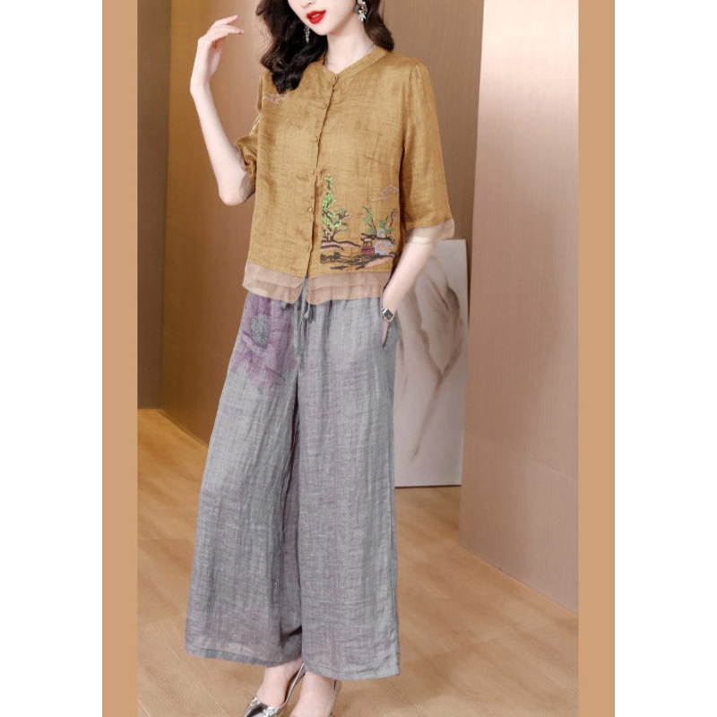 Yellow V Neck Embroideried Linen Top And Pants Two Pieces Set Short Sleeve