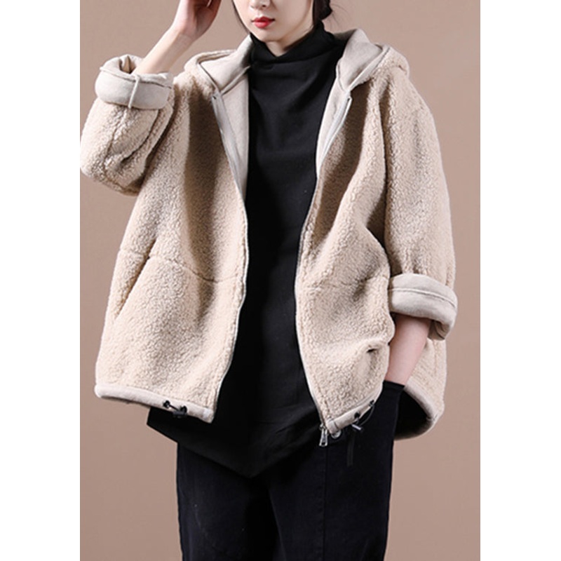 Apricot Drawstring Faux Fur Hooded Coats Fall