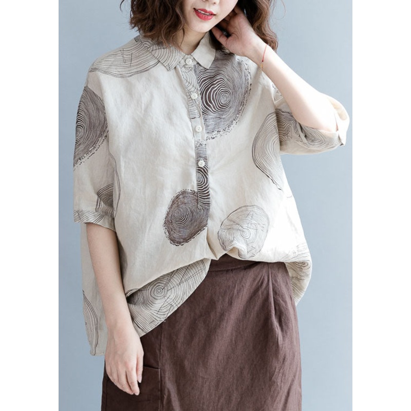 Art Beige Peter Pan Collar Print Cotton Blouse Tops Half Sleeve