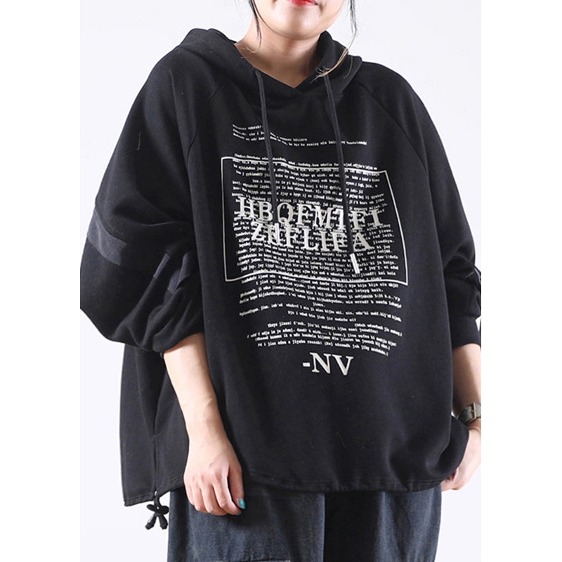 Art Black Alphabet Graphic Drawstring Side Open Hooded Sweatshirts Long Sleeve