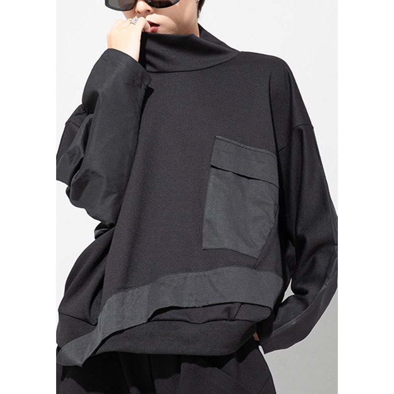 Art Black Turtleneck Patchwork Pockets Pullover Batwing Sleeve