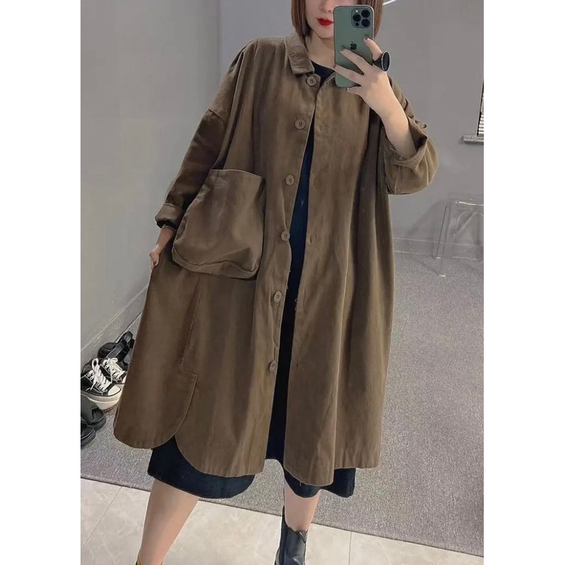 Art Coffee Colour Peter Pan Collar Pockets Patchwork Button Cotton Trench Coats Long Sleeve