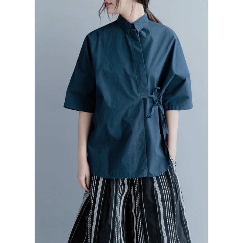 Art Navy Solid Asymmetrical Tie Waist Cotton Shirt Top Half Sleeve
