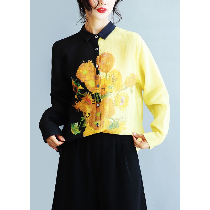 Beautiful Black Peter Pan Collar Sunflower Print Linen Shirt Fall