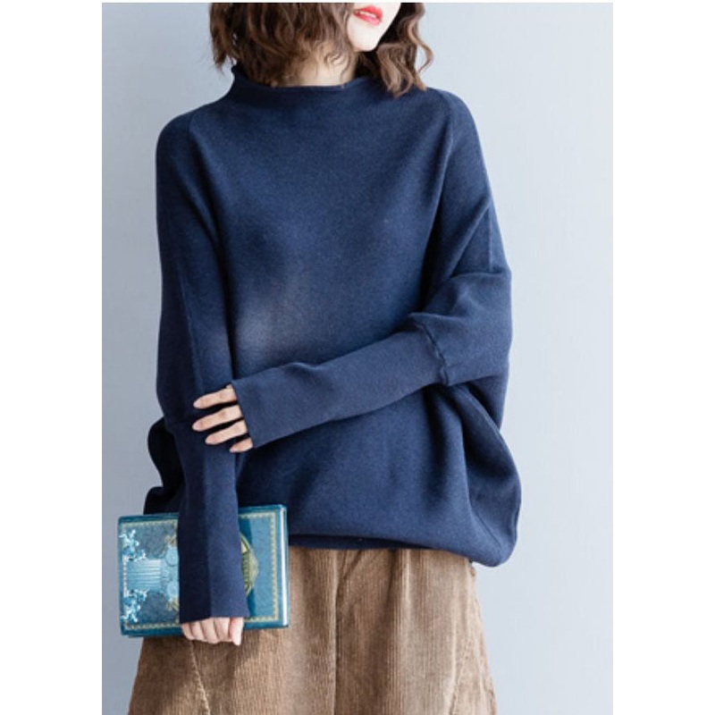 Beautiful Navy Stand Collar Chunky Oversized Knit Sweaters Batwing Sleeve
