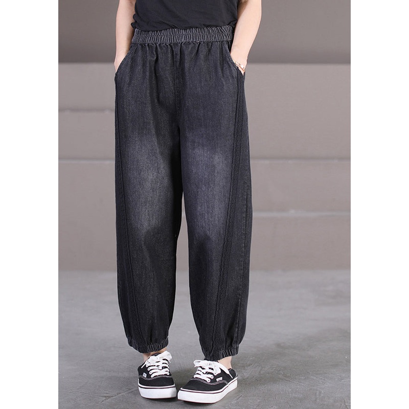 Black Lace Patchwork Elastic Waist Denim Beam Pants Fall