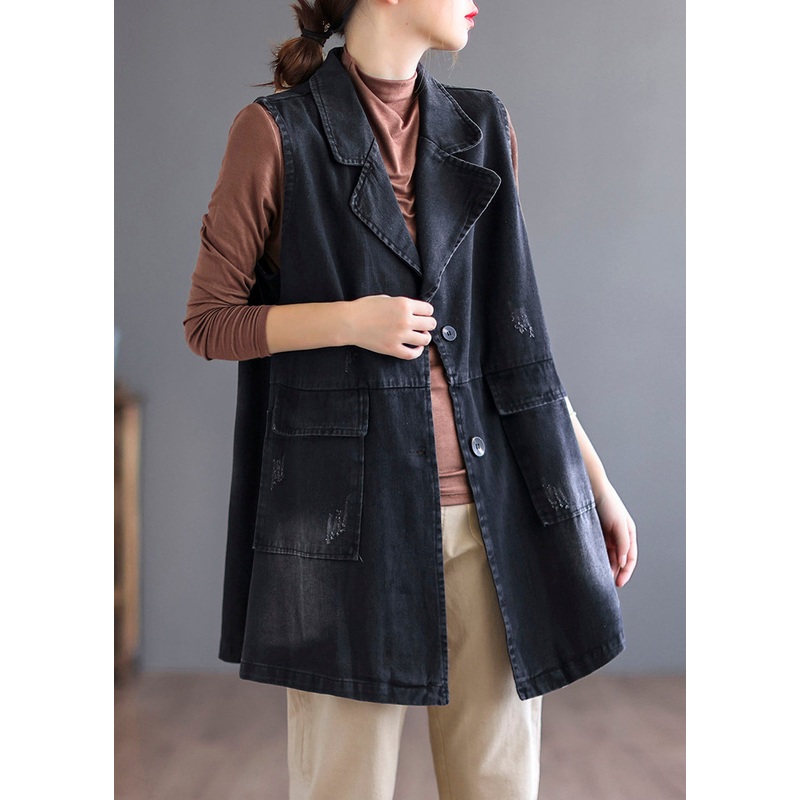 Black Peter Pan Collar Button Denim Waistcoat Long Sleeve