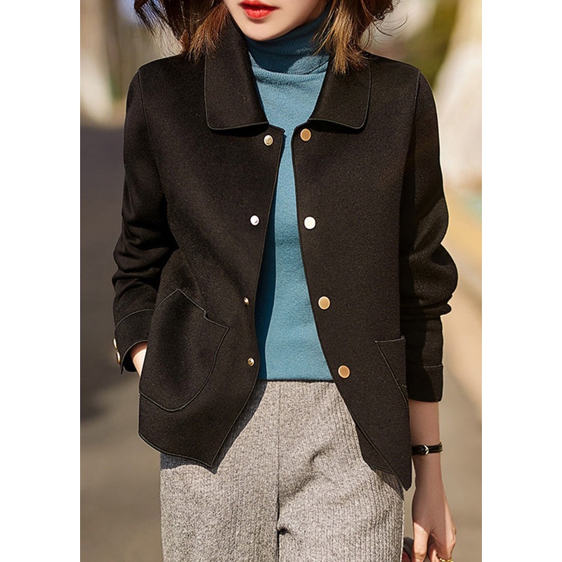 Black Peter Pan Collar Pockets Woolen Coats Long Sleeve