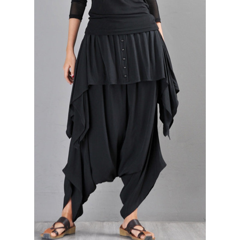 Black Pockets Elastic Waist Cotton Pants Skirt Summer