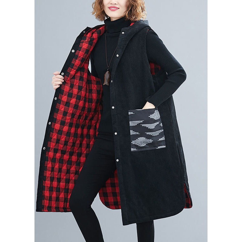 Black Side Open Corduroy Hooded Waistcoat Sleeveless