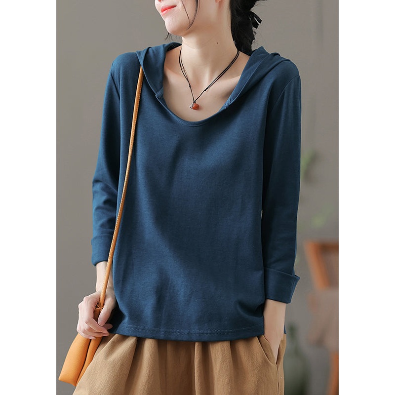 Blue O-Neck Cotton Hooded Top Long Sleeve
