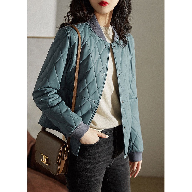 Blue Stand Collar Plaid Pockets Parka Long Sleeve