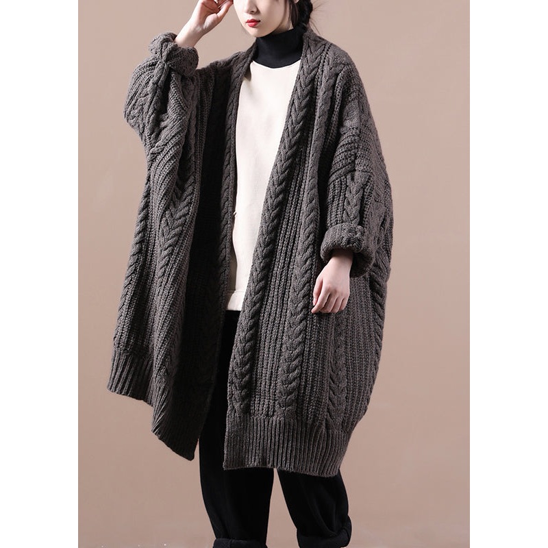 Bohemian Dark Khaki V Neck Cable Knit Sweaters Coats Winter