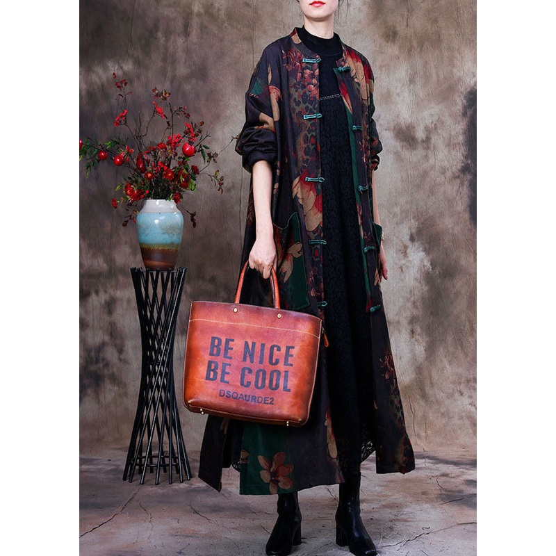 Bohemian Green Print Patchwork Side Open Oriental Button Cotton Trench Coat Long Sleeve