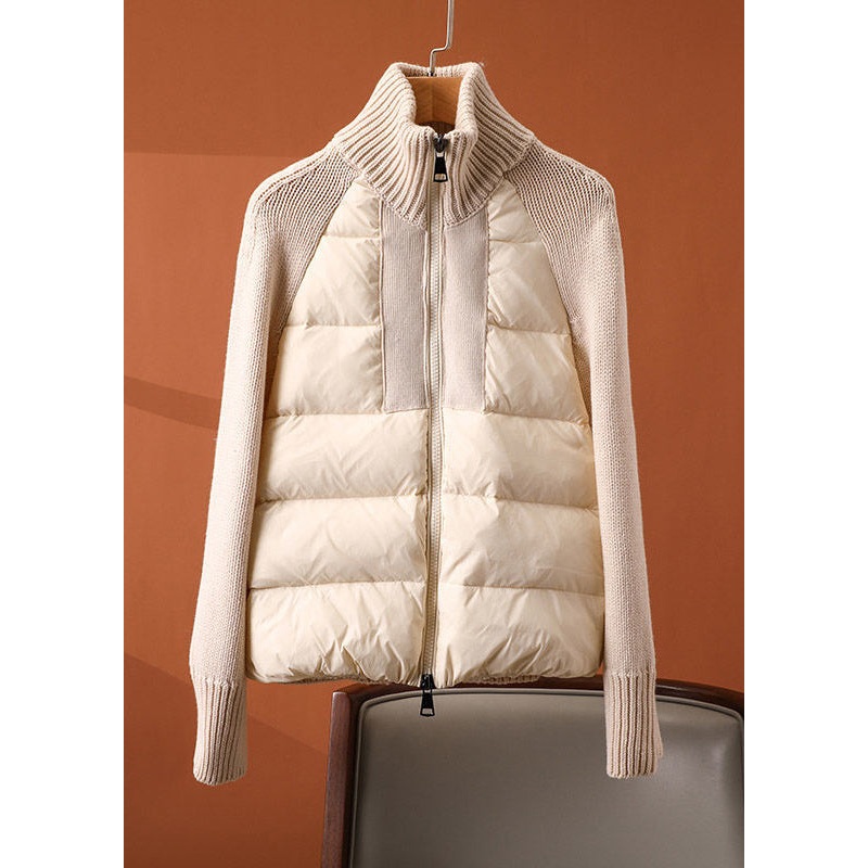 Boho Apricot Turtleneck Zippered Patchwork Knit Parka Long Sleeve