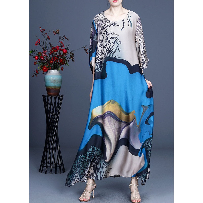 Boho Blue O-Neck Print Silk Vacation Dresses Bracelet Sleeve