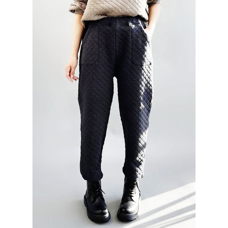 Boutique Black Grey Elastic Waist Plaid Fine Cotton Filled Pants Winter