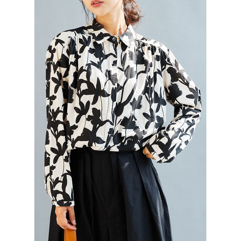 Boutique Black White Floral Print Cotton Blouse Top Fall