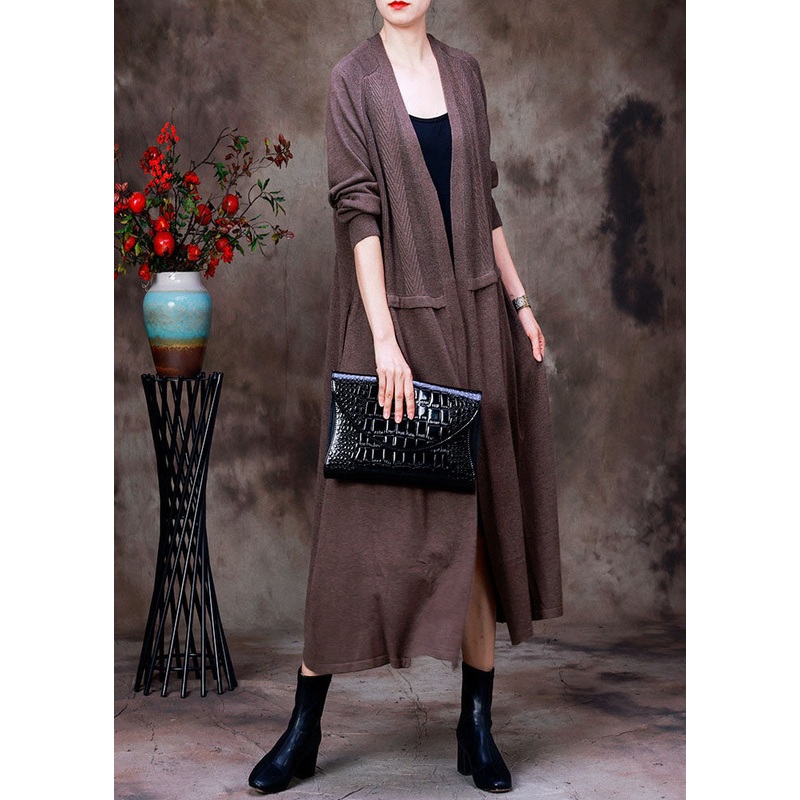Boutique Coffee Solid Patchwork Wool Knit Cardigans Long Sleeve