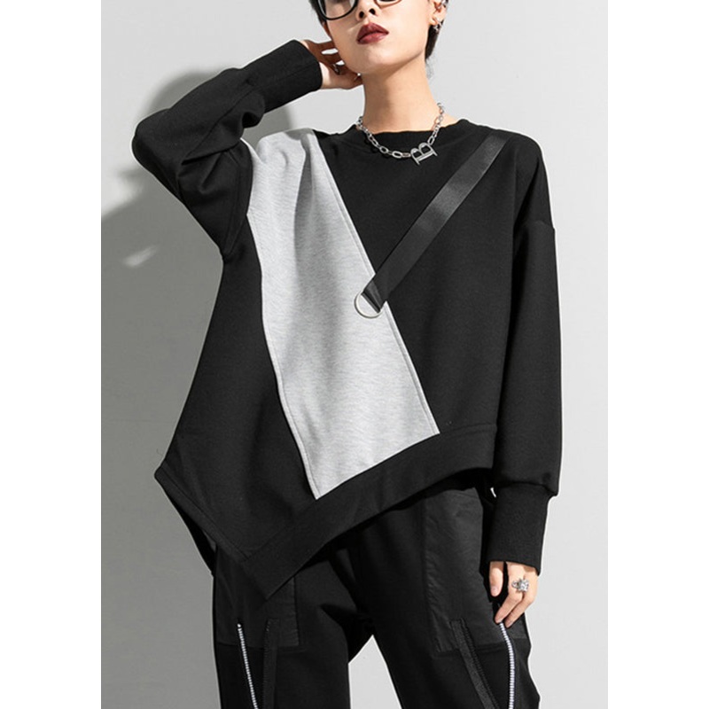 Brief Black Grey O-Neck Asymmetrical Patchwork T Shirt Long Sleeve