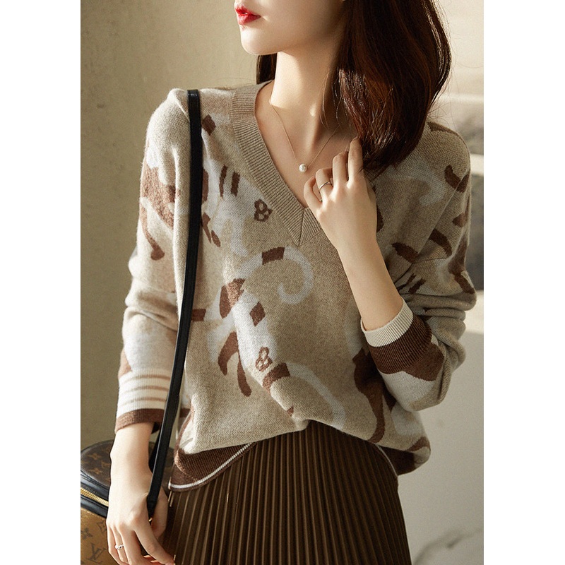 Brief Camel V Neck Print Woolen Knit Sweaters Long Sleeve
