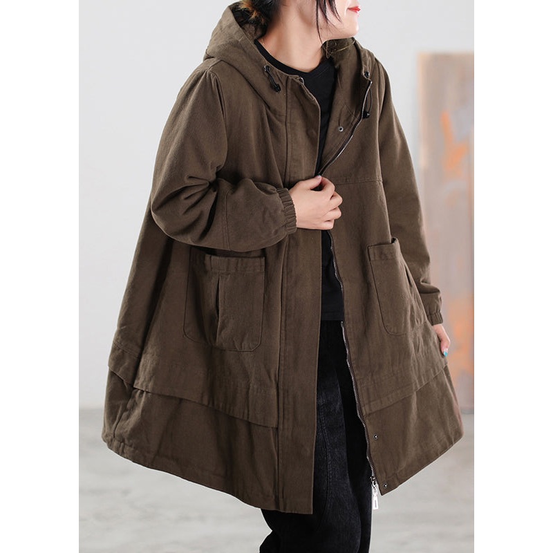Brief Coffee Zippered Button Pockets Drawstring Hooded Coats Winter