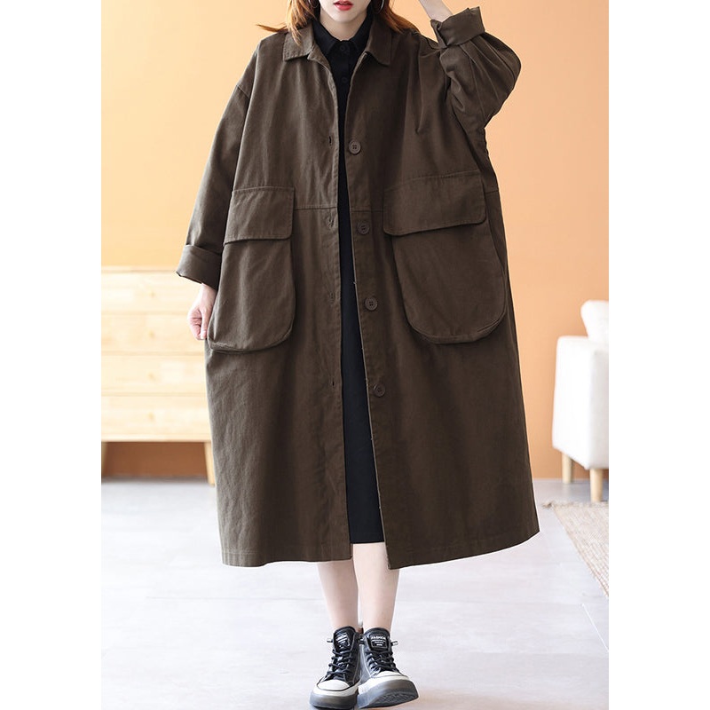 Brown Peter Pan Collar Button Cotton Trench Coats Long Sleeve