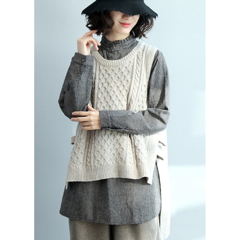 Casual Beige O-Neck Low High Design Warm Knit Vest Winter