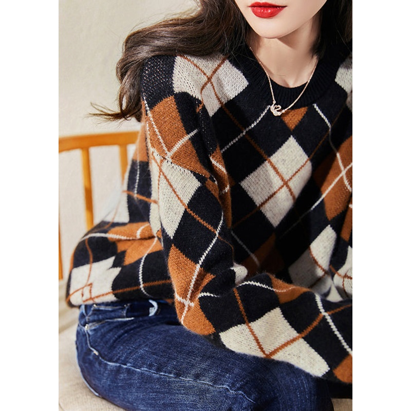 Casual Brown Coffee Colour Print Woolen Knit Sweatshirts Long Sleeve