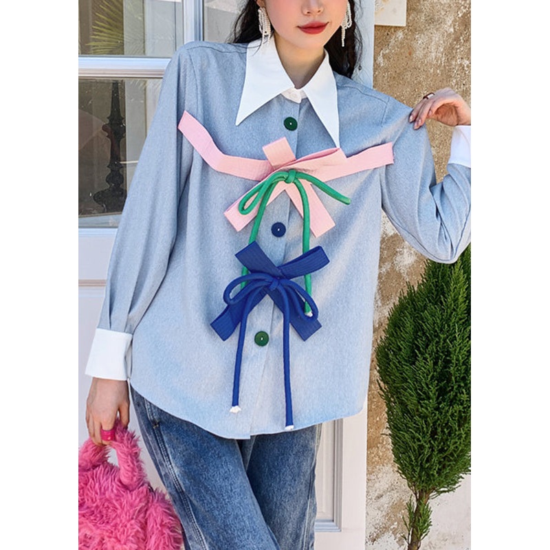 Casual Light Blue Peter Pan Collar Removable Bow Skirts Long Sleeve