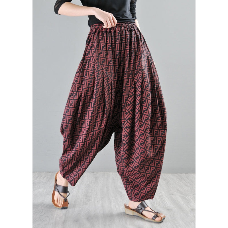 Casual Red Pockets Cotton Wide Leg Pants Summer