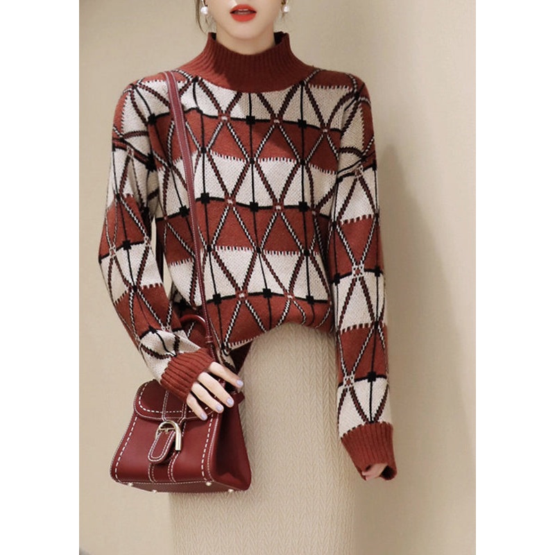 Casual Turtleneck Plaid Patchwork Knit Sweater Long Sleeve