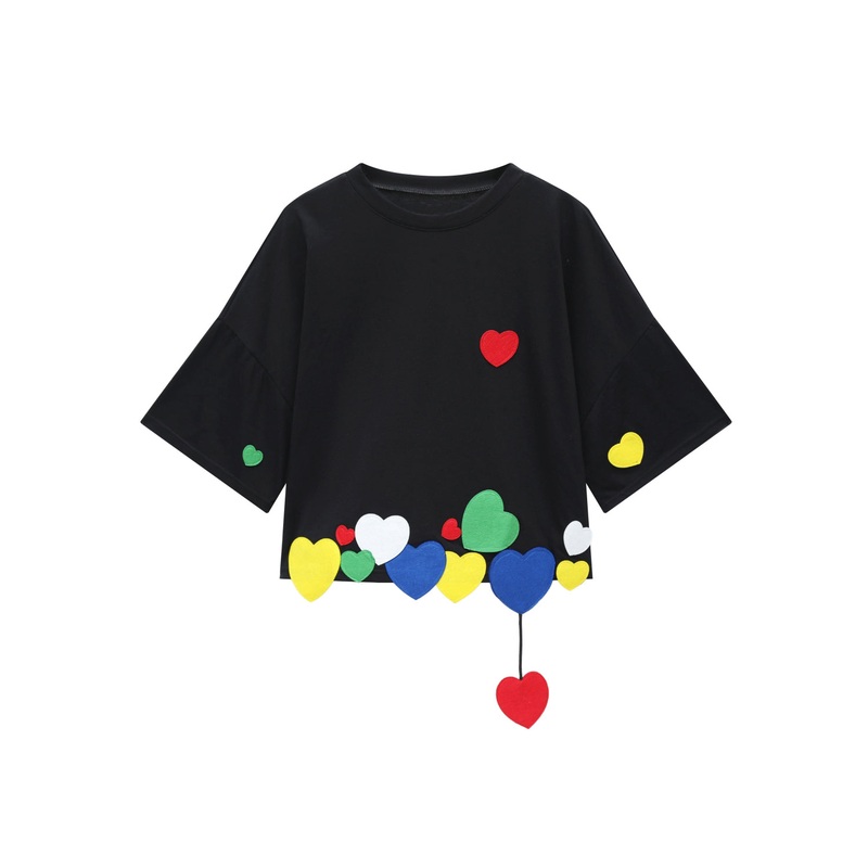 Chic Black O-Neck Loving Heart Cotton T Shirt Short Sleeve