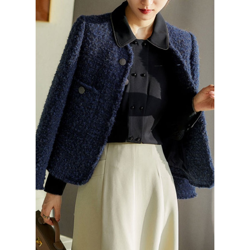 Chic Blue V Neck Button Pockets Ma Hai mao Coat Long Sleeve