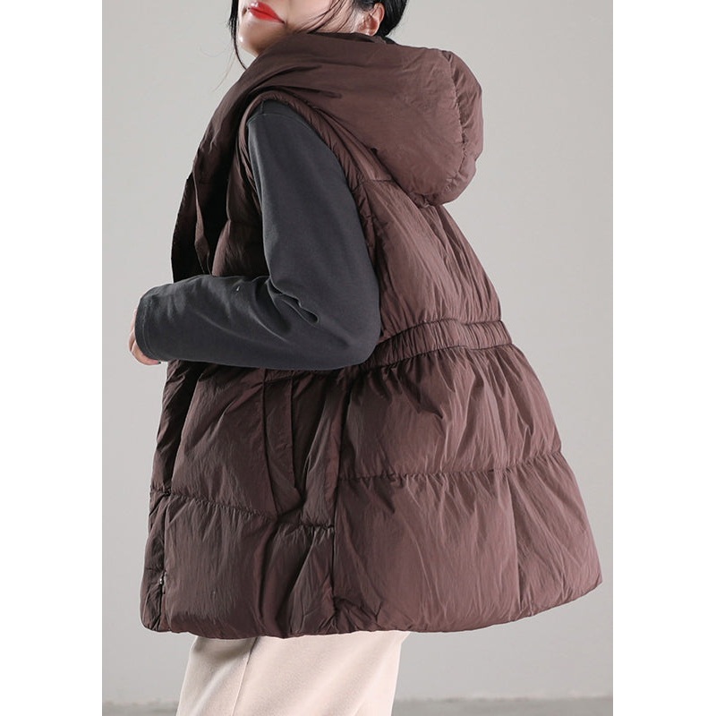 Chic Coffee Drawstring Duck Down Hooded Waistcoat Winter