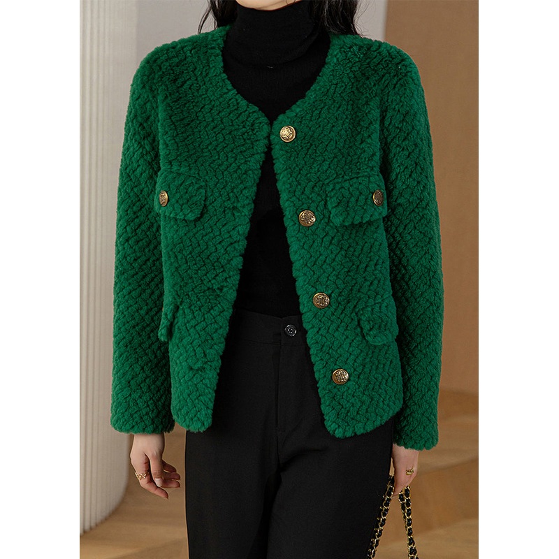 Chic Green O-Neck Button Woolen Coat Long Sleeve