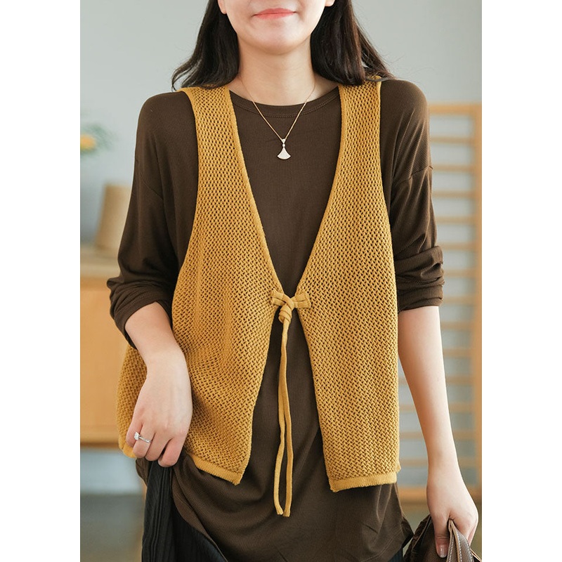 Chic Yellow V Neck Hollow Out Tie Waist Knit Vests Fall