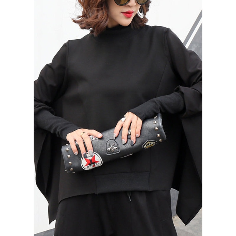Classy Black Turtleneck Asymmetrical Patchwork Cotton Pullover Long Sleeve