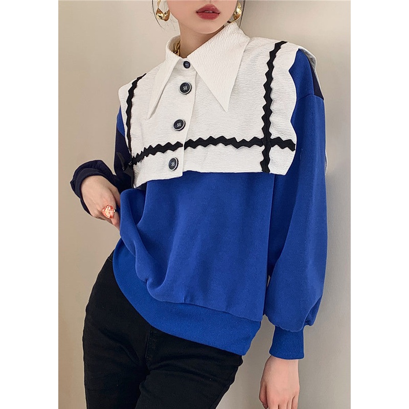 Classy Blue White Colorblock Peter Pan Collar Bow Patchwork Knit Sweatshirt Long Sleeve