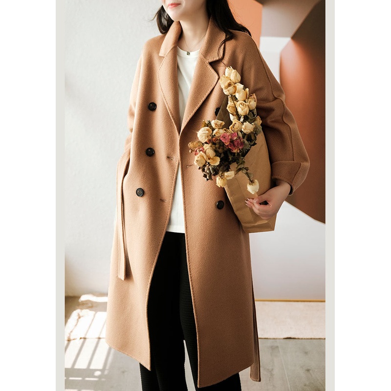 Classy Light Camel Double Breast Oversized Woolen Trench Coats Winter