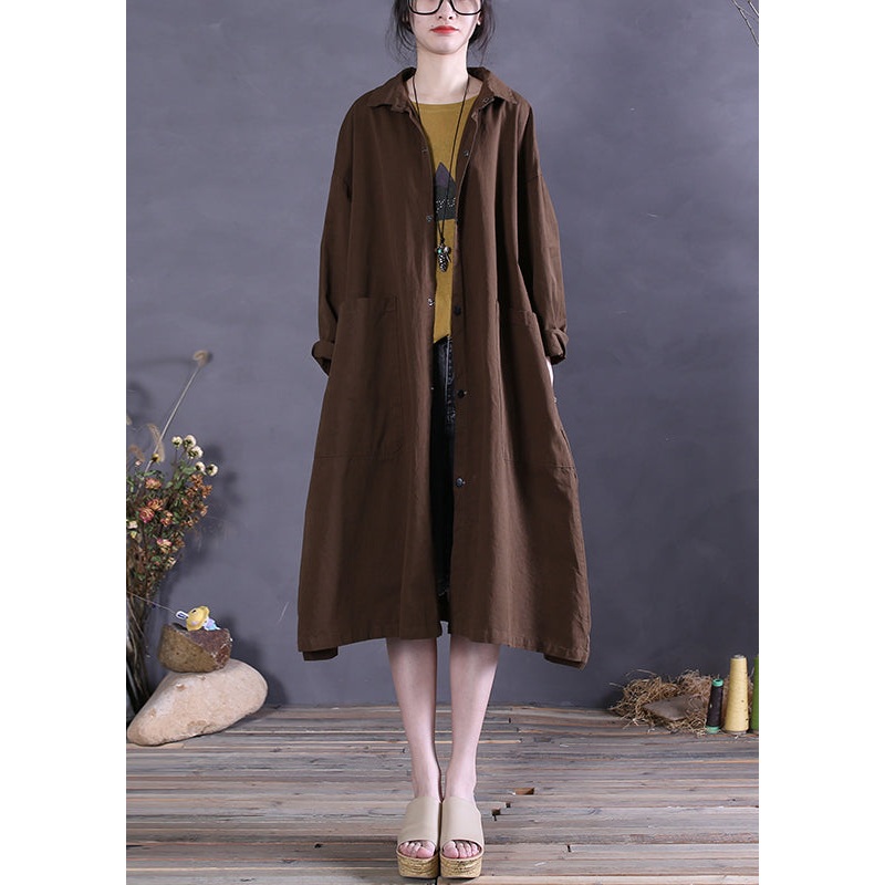 Coffee Colour Peter Pan Collar Pockets Cotton Trench Coats Long Sleeve