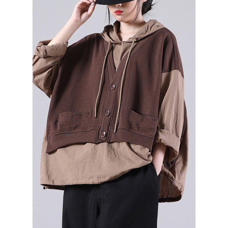 Coffee Patchwork Fake Two Pieces Hooded Sweatshirts Long Sleeve