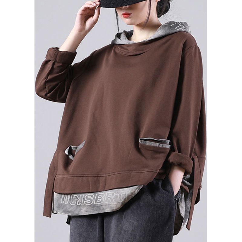 Coffee Patchwork Low High Design Hooded Sweatshirt Long Sleeve