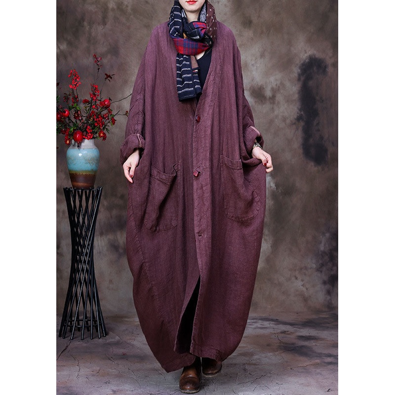 Coffee Solid Linen Trench Coat V Neck Handmade Floral Long Sleeve