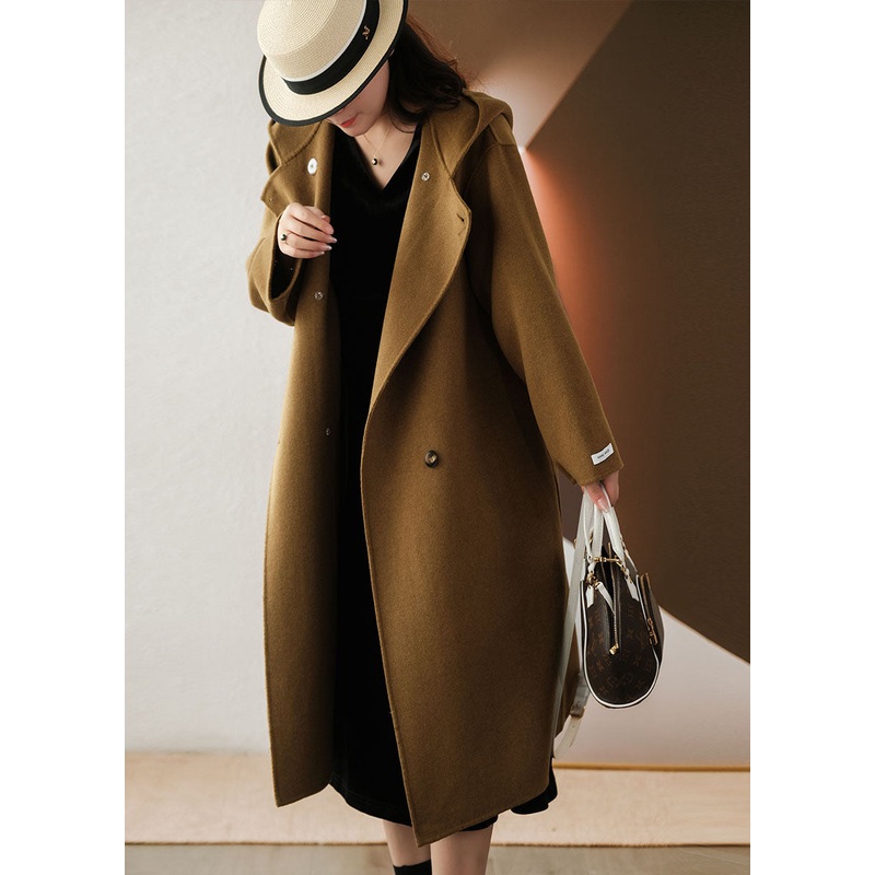 Coffee Woolen Coat Outwear Hooded Double Breast Winter