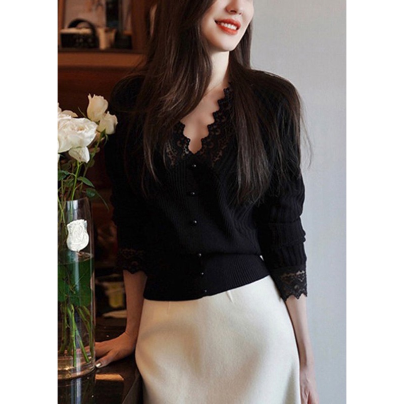 DIY Black V Neck Nail bead Lace Patchwork Woolen Top Long Sleeve