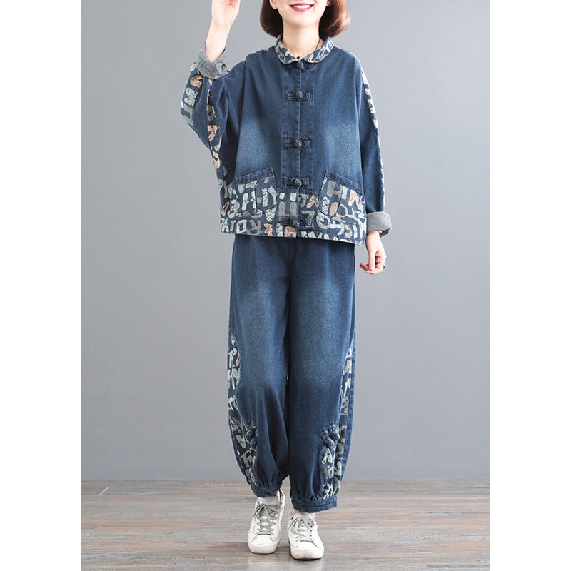 DIY Blue Peter Pan Collar Print Denim Coats And Pants Two Pieces Set Fall