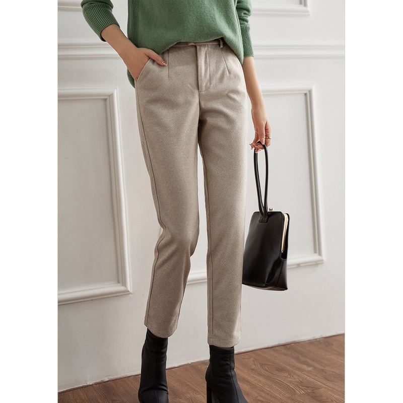 Fashion Beige Button Pockets Zippered Woolen Straight Pants Fall