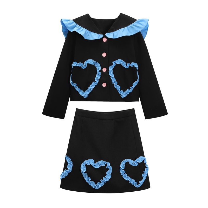 Fashion Black Sailor Collar Ruffled Top And Skirts Two Piece Set Fall