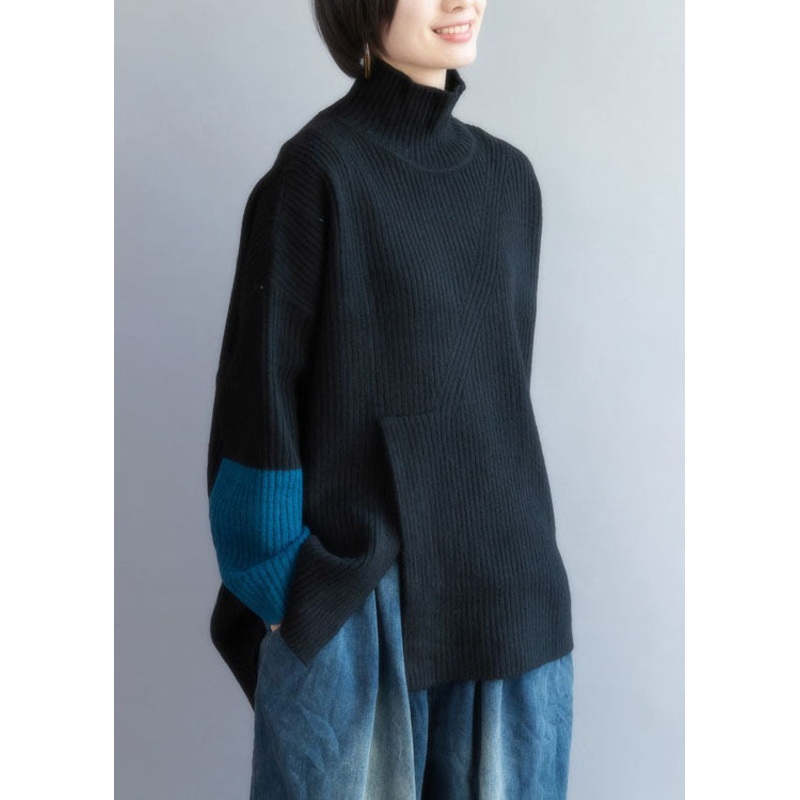 Fashion Black Turtle Neck Patchwork Side Open Lazy Knit Sweaters Winter